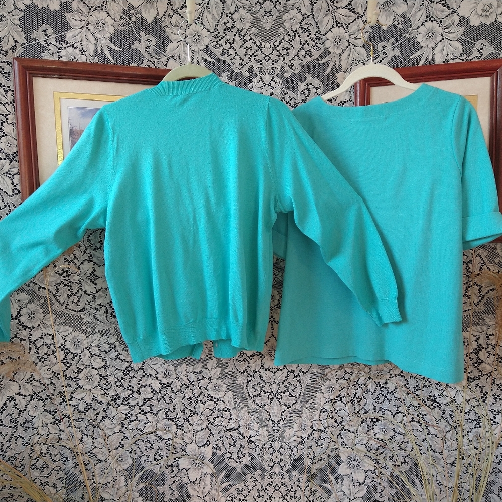 Mark Zunino light blue shirt and cardigan sweater coordinated set shoulder deco - Picture 5 of 7